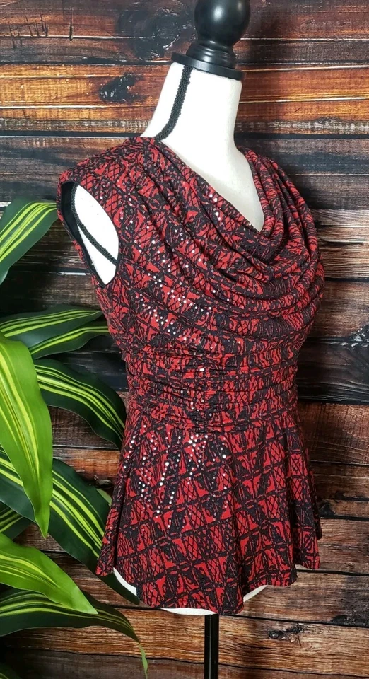 Dressbarn Collection Blouse Small Cowl Neck Sequin Embellished Top Peplum Shirt - Image 2 of 4