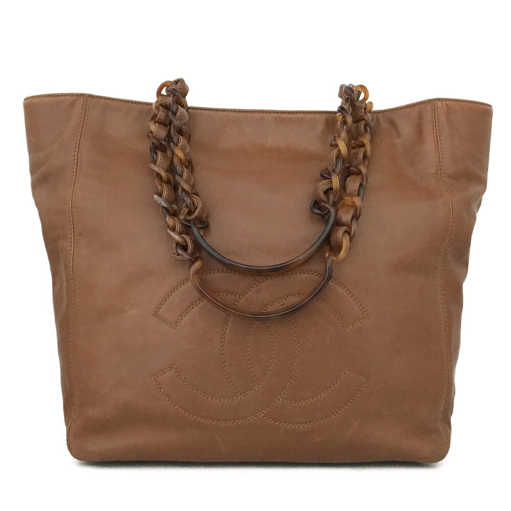CHANEL CC Logo Lambskin Plastic Chain Shoulder Tote Bag Brown/4AE0401