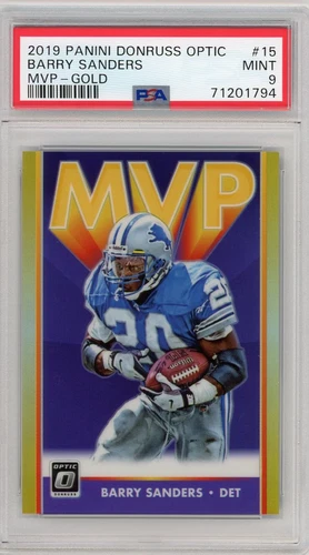 2019 DONRUSS OPTIC BARRY SANDERS MVP GOLD PRIZM #15 LIONS HOF PSA 9 MINT 06/10