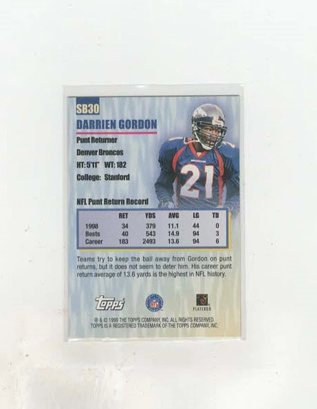 1999 Topps Career Best Strike Force Darrien Gordon #SB30 - Image 2 of 2