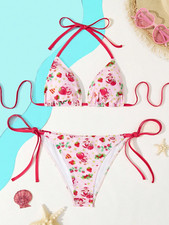 Women's Strawberry Shortcake Pink Swimwear Cheeky 2 Piece String Tied Bikini Set