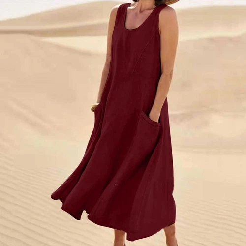 Women's Cotton Linen Maxi Dress Ladies Solid Pockets Sleeveless Summer Sundress - Picture 14 of 34