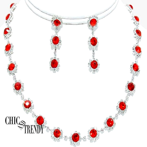 CLEARANCE PETITE RED AND CLEAR CRYSTAL FORMAL FASHION NECKLACE JEWELRY SET* - Picture 3 of 3