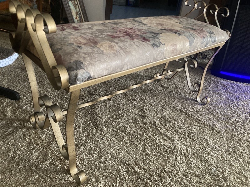 Hollywood Regency Vintage Gold Flat Iron Hall or Bedroom Bench 36” W