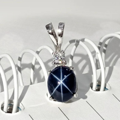 Natural Oval Cut 6 Rays Star Blue Sapphire Gem 925 Sterling Silver Pendant