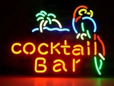 Cocktail Bar Parrot Glass Artwork Neon Sign Light Man Cave Night Decor 17"x14"
