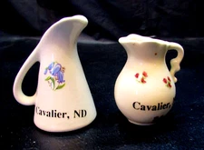 Two Cavalier ND Miniature 2" Tall White Ceramic North Dakota Souvenir Pitchers