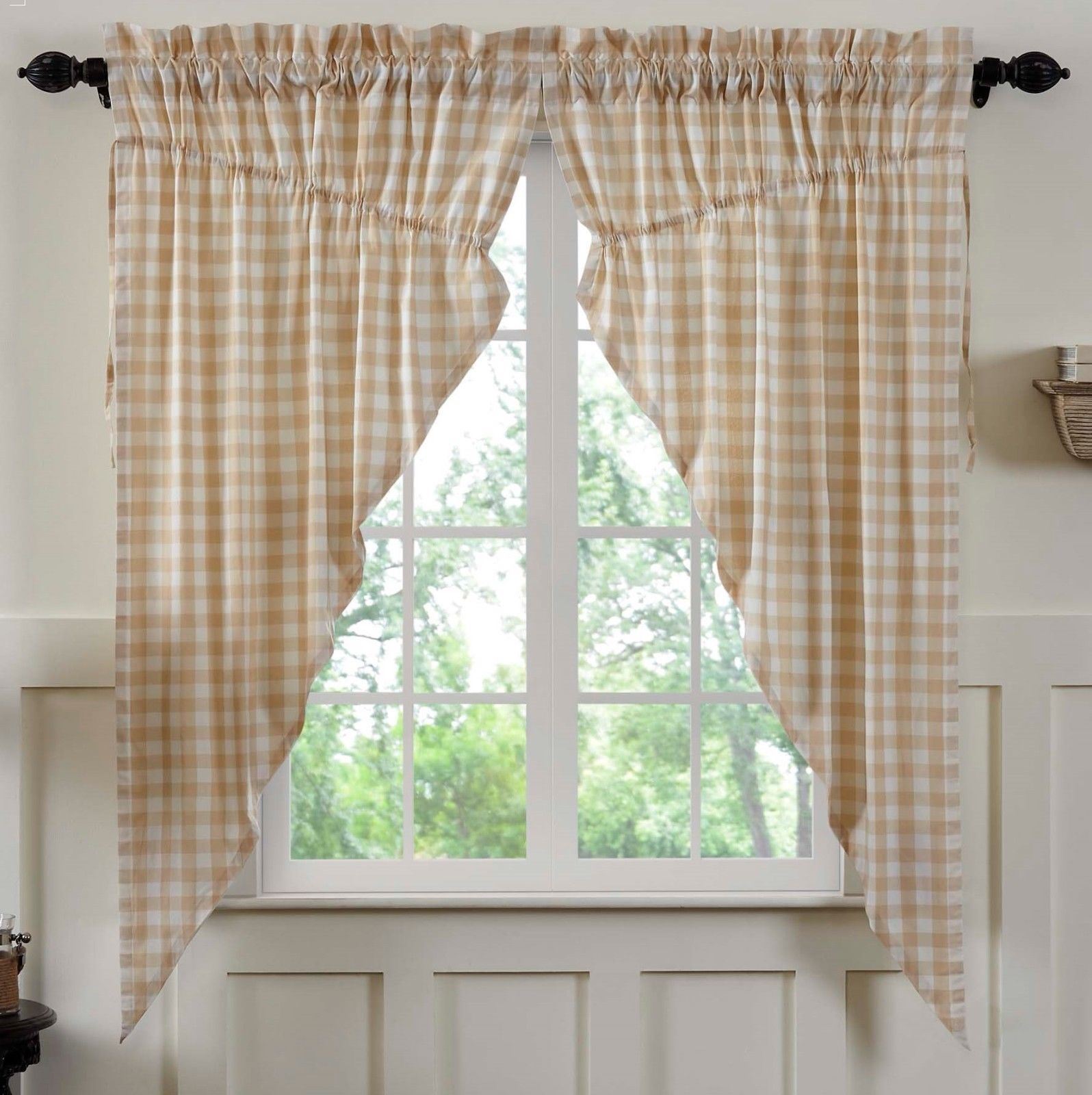 63" L Country Wheat-Color Drawstring Prairie Curtains Lined Annie Buffalo Check