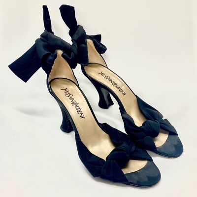 VTG 80s YSL Yves Saint Laurent Heels Ankle Strap Bow Tie Designer Matte  Satin