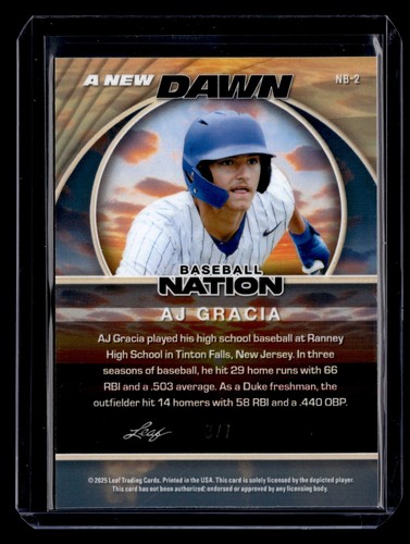 AJ GRACIA 2025 Leaf Baseball Nation #3/7 BLUE PRISMATIC - Picture 2 of 2