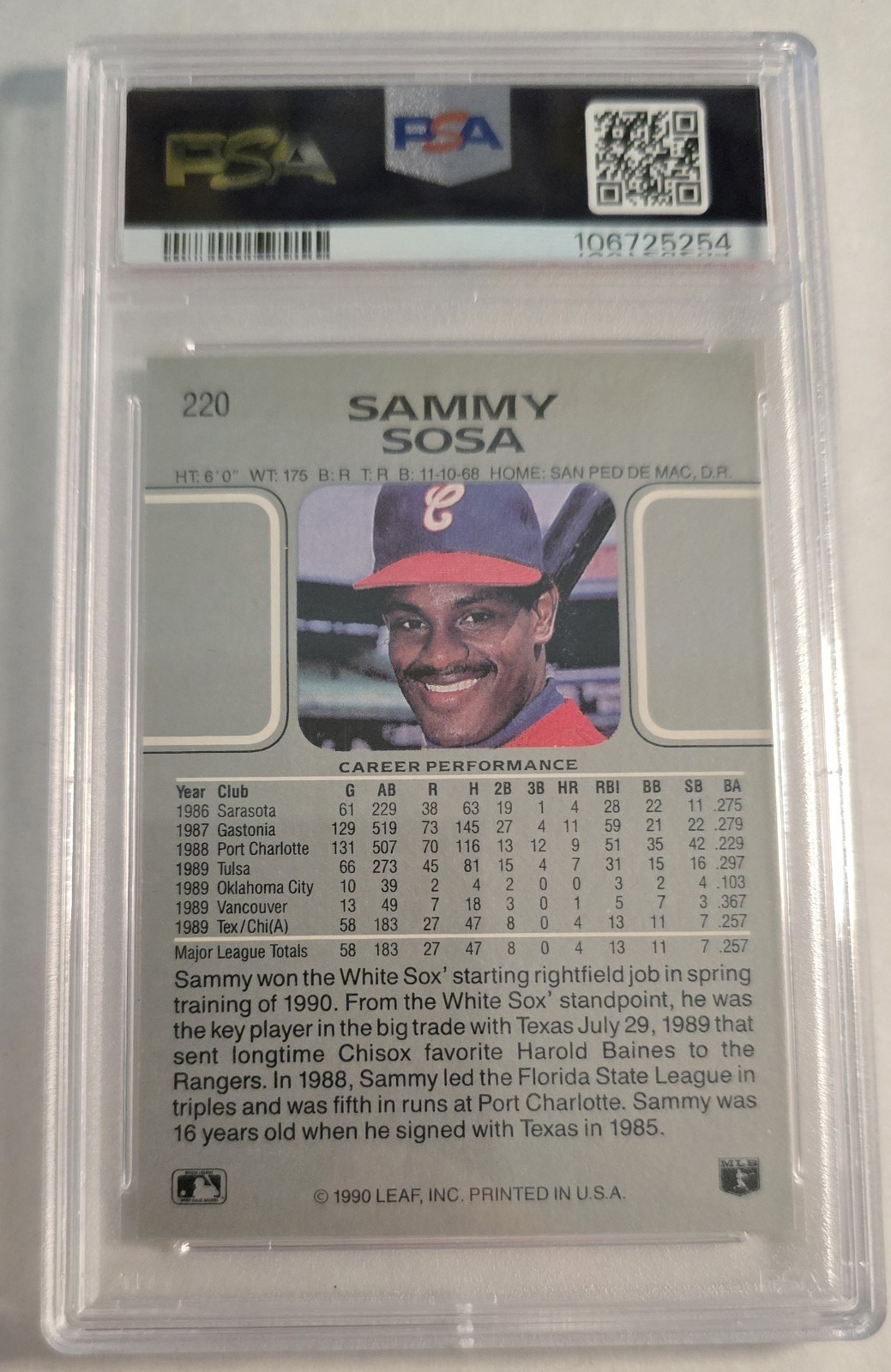 1990 Leaf #220 Sammy Sosa RC PSA 10 Gem Mint Rookie Chicago Cubs view 2