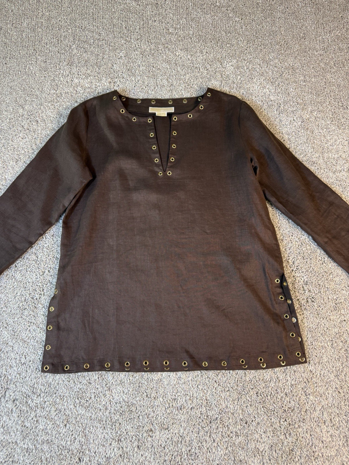 Michael Kors Women’s Linen Blouse Size Medium Brown With Gold Studs V Neck