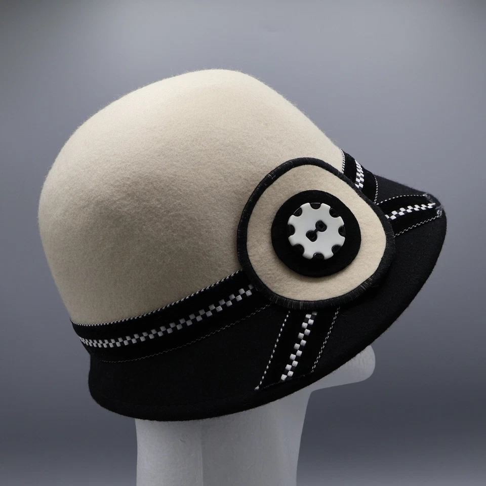 Sombrero Cloche de Lana Pura para Mujer Negro Crema Downton Abbey Estilo Aleta Cubo Twee Foto 2 de 4
