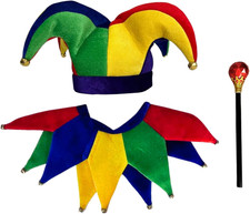 Jester Hat, Collar, and Wand Set - 3-Piece Costume for Adults - Hilarious Hallow