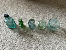 Set of 5 Green, Blue, Clear Glass Ink Bottles Penny Ink Vintage