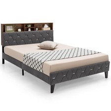 Double Size Bed Frame Upholstered Platform Bed Slat Support W/ Storage Headboard