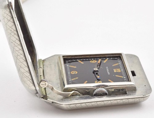 Vintage Steel TURLER Self Wind with Closing lid Fob Watch Black Dial running 40s - Picture 5 of 5