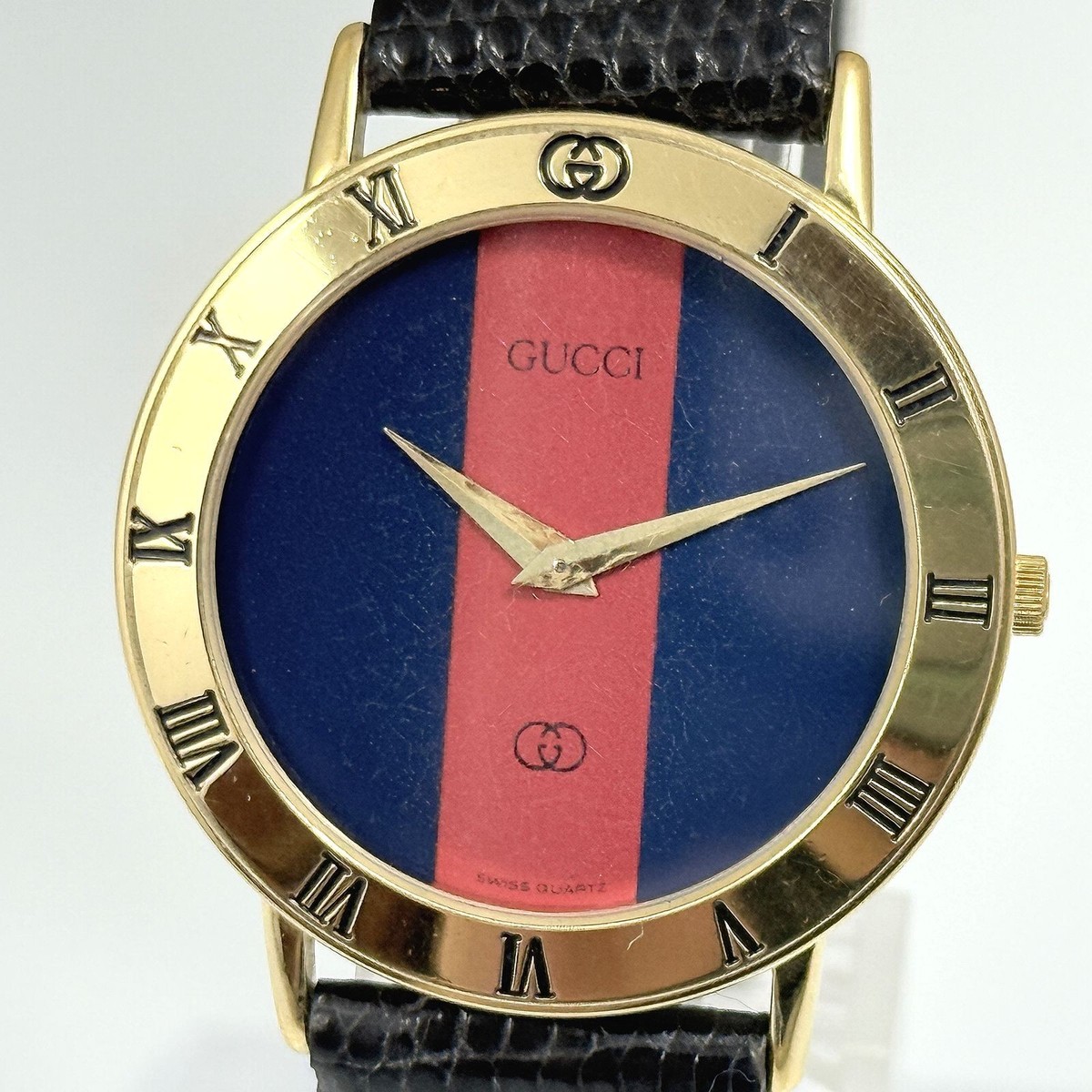 GUCCI 3000 33mm GOLD RED BLUE DIAL VINTAGE SWISS MADE WATCH QUARTZ