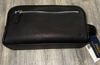 NWT Polo Ralph Lauren Mens Black Leather Travel Case Silver Zipper MSRP $128