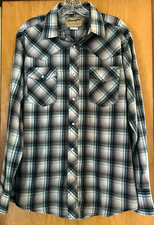 MEN'S WRANGLER WESTERN BLUE BLACK PLAID PEARL BUTTON LONG SLEEVE SNAP SHIRT - L