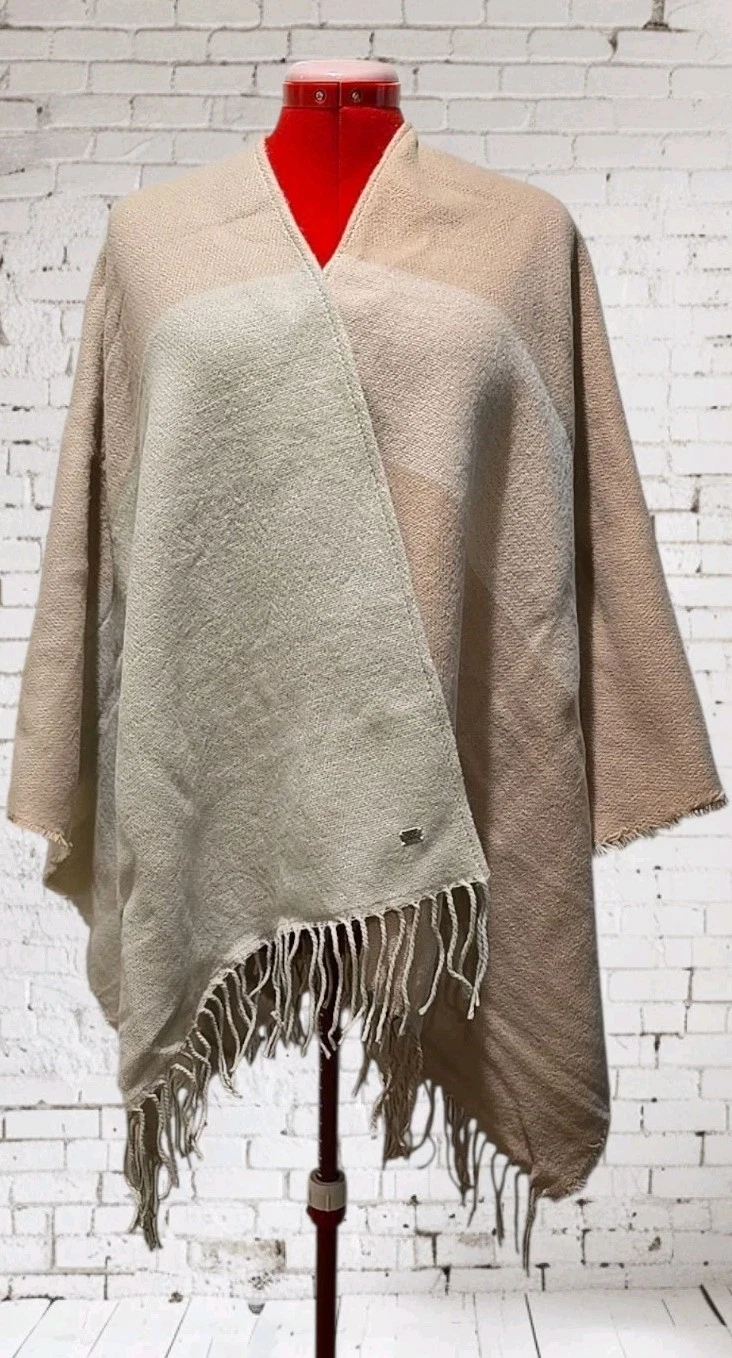 Soia & Kyo Poncho Scarfigan Cape Shawl Wrap Beige Pink Colorblock Fringe NWT