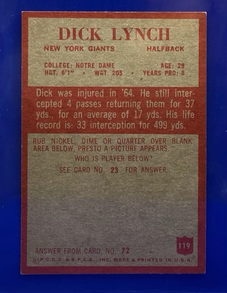 1965 Philadelphia #119 Dick Lynch  New York Giants-FB Notre Dame - Image 2 of 2