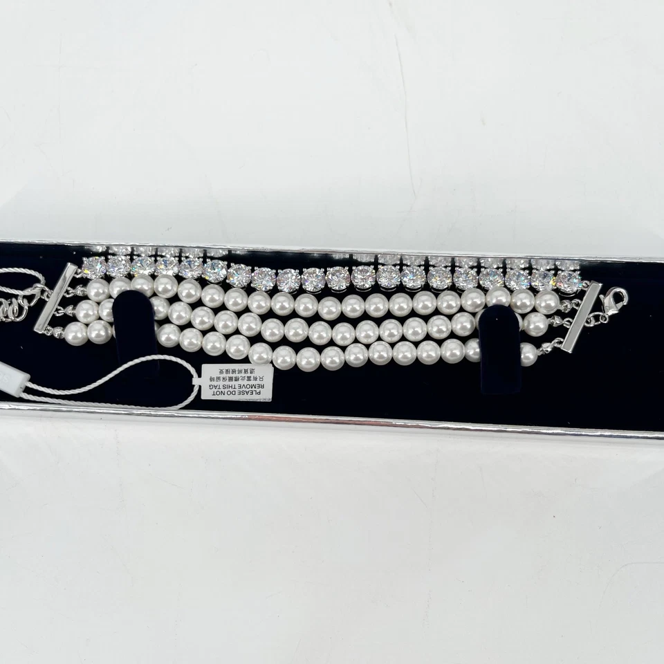 New with Box/Tag Self-Portrait Stacked Pearl Diamante Silver Bracelet - Image 4 of 4