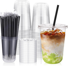 tchrules 50 Set 16oz Clear Plastic Cups with Lids  Straws, Disposable Iced Coff