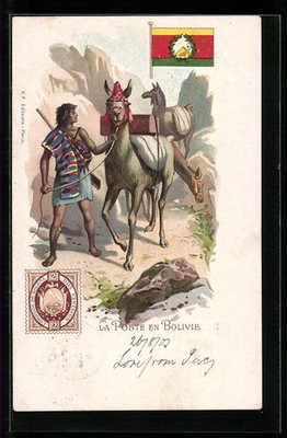 Lithographie La Poste en Bolivie, Postbote mit Lamas 1901 