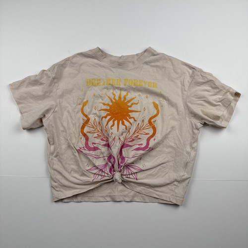 H&M Crop Top Tie Front T-Shirt Print Dreamer Forever Sun Hands Girls Teen 12/14