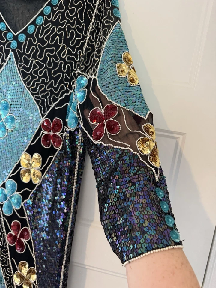 Stunning Beaded Sequin 100% Silk Party Dress 80s Black Flapper Sz Large - Image 4 of 4