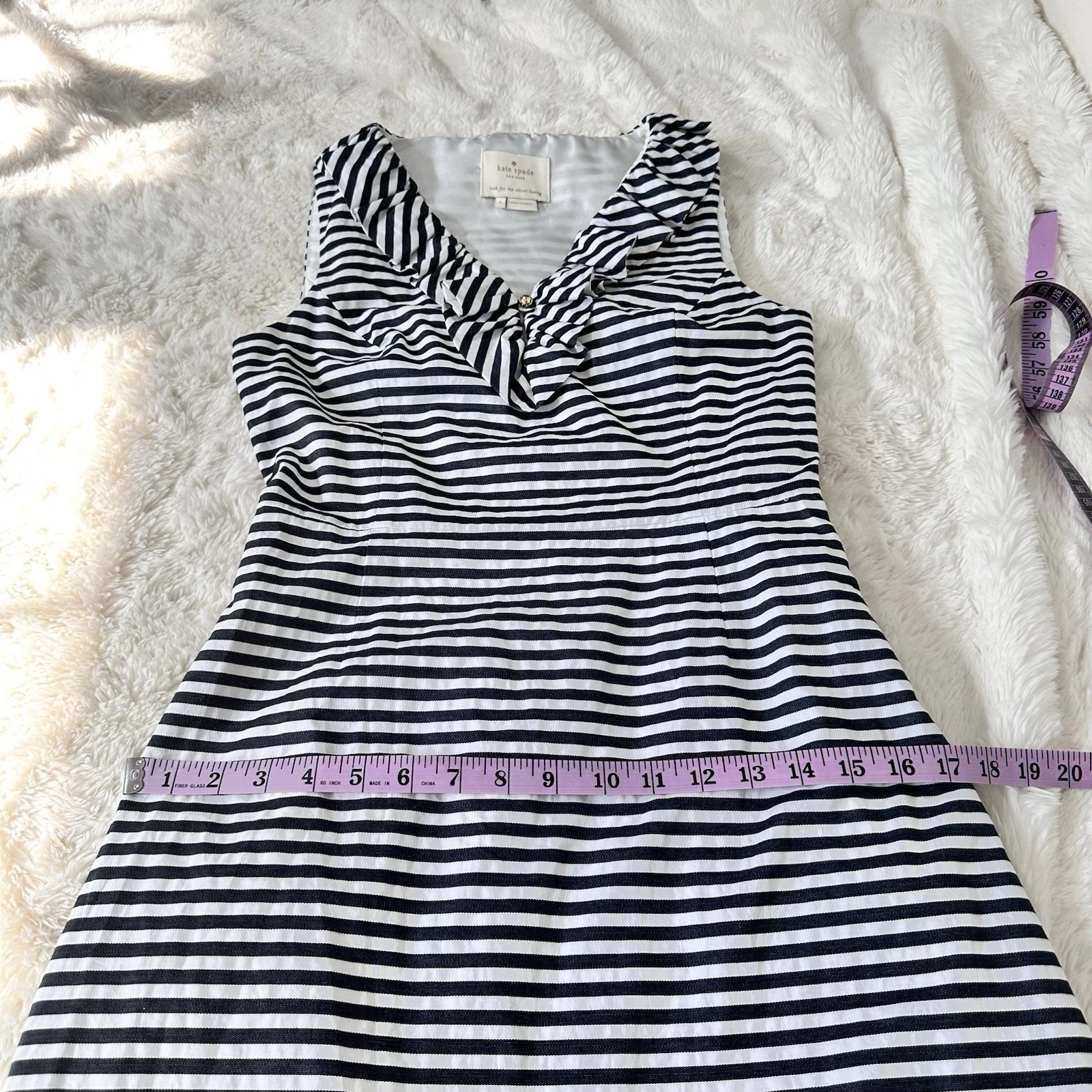 Abito KATE SPADE nero bianco a righe senza maniche in cotone con volant taglia 4 preppy