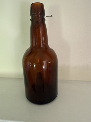 Vintage Amber Glass Bottle Base Marking 420 with Wire & Cork Inside Beer Antique