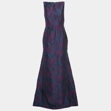CH Carolina Herrera Navy Blue Rose Embossed Crepe Sleeveless Maxi Dress M