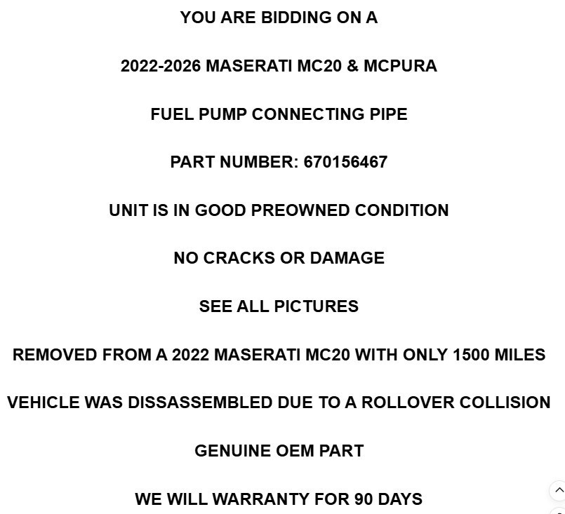 2022-2026 Maserati MC20 MCPura Fuel Pump Connection Lines Delivery Pipe OEM