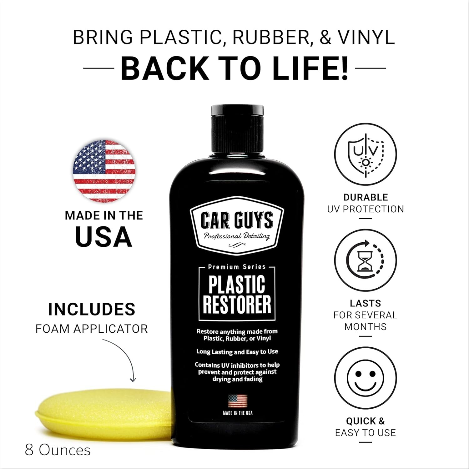 CAR GUYS Plastic Restorer Solution for Bringing Rubber, Vinyl & Plastic, 8 oz