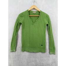 Barbour Women's Green Cable Knit 100 Pima Cotton V Neck Sweater Size 10