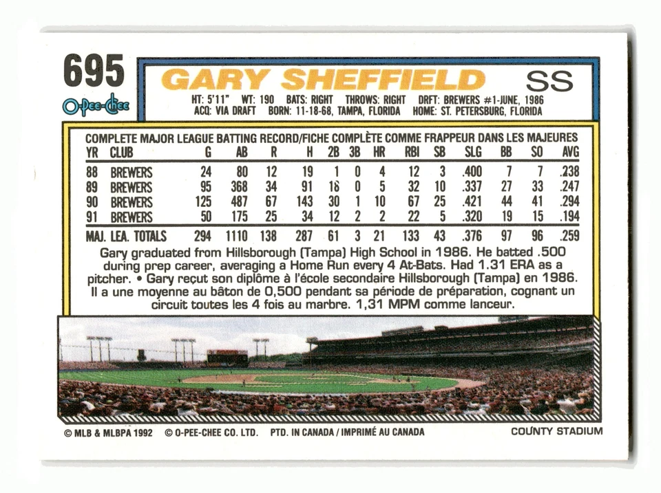 Gary Sheffield 1992 O-Pee-Chee #695 Milwaukee Brewers Centered Mint to Gem - Image 2 of 2