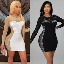 Sexy Women's Mesh Long Sleeves Rhinestone Patchwork Bodycon Club Party Dress