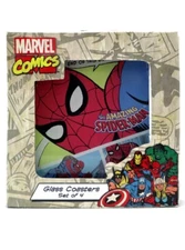 Marvel Comics Glass Coaster Set Silver Age Super Hero Spider-Man Hulk Thor New