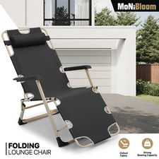 Black Foldable Patio Chair Adjustable Oxford Fabric Garden Yard Seat w/Headrest