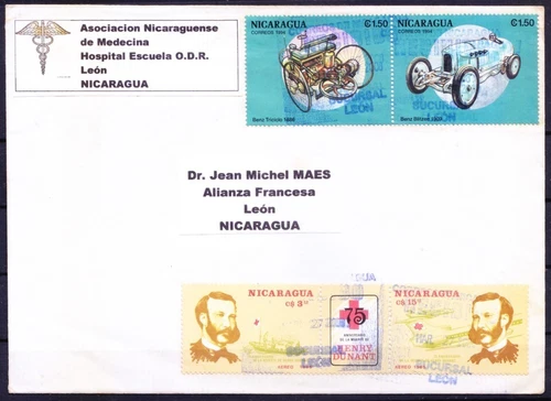 Nicaragua used cover with 1985 Red Cross Henry Dunant Strip & Cars on stamps