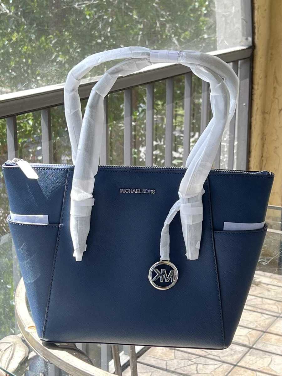 MUST SEE! MICHAEL KORS CHARLOTTE LARGE SAFFIANO LEATHER ZIP TOP TOTE NAVY 