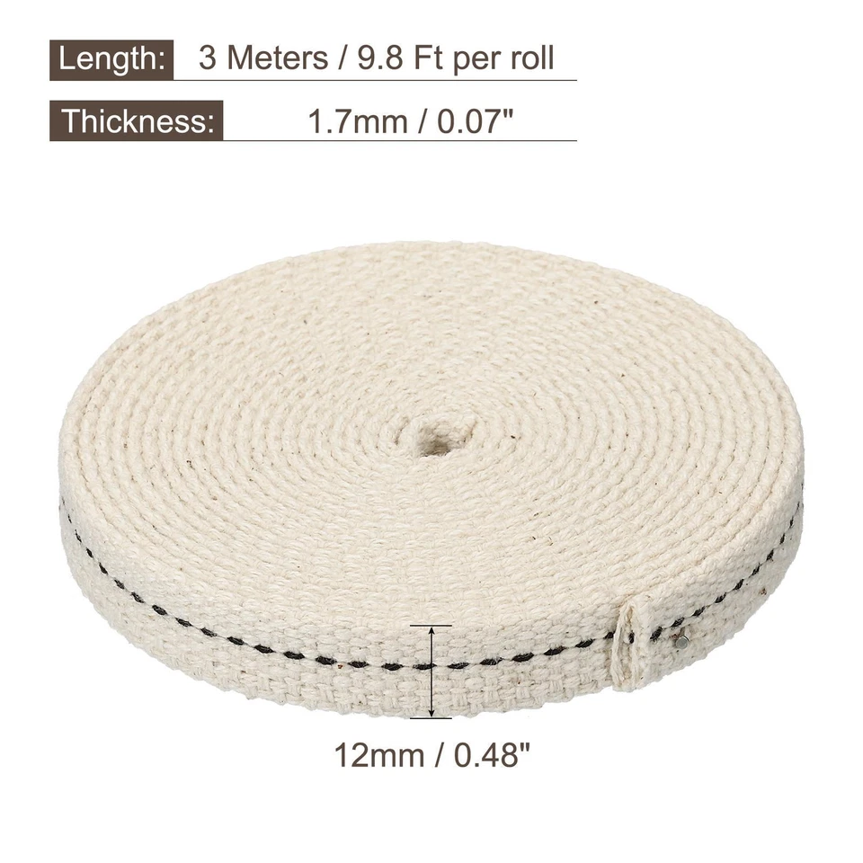 Algodón Aceite Lámpara Mecha 12mm Plano Ancho 3 Metros con Negra Puntada - Imagen 2 de 4