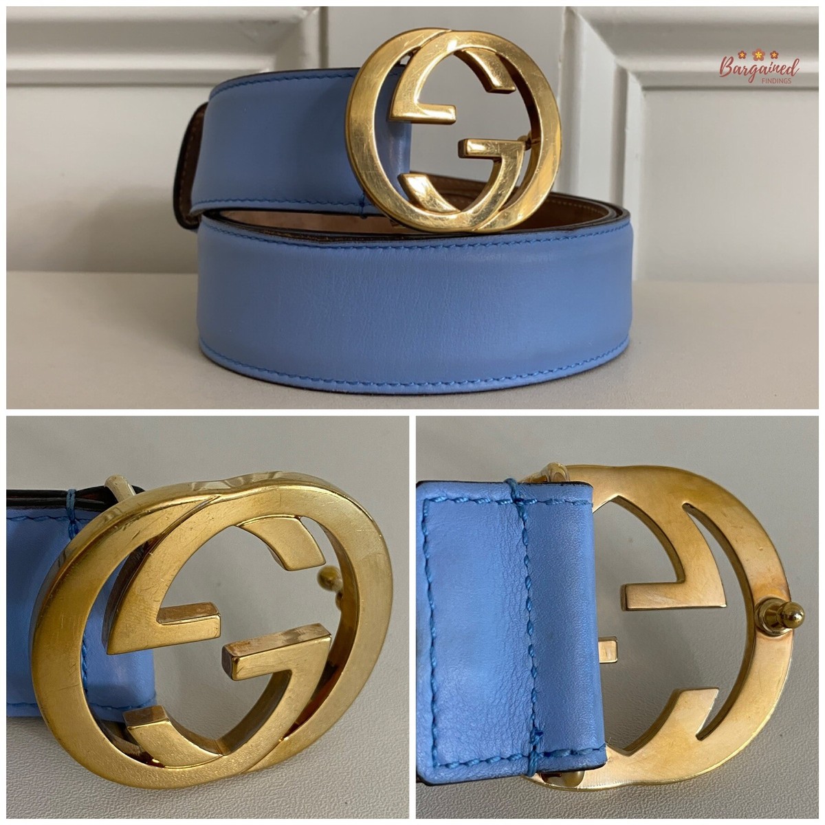 Authentic Gucci Blue Calfskin Leather Gold Interlocking G