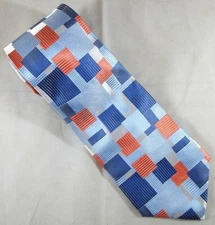 GEOFFREY BEENE Blue Orange Abstract Squares Silk Neck Tie 57" Long x 4" W (E986)