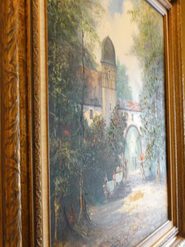 Pintura al óleo de bellas artes enmarcadas originales de Theo Rauscher - escena de pueblo alemán - Imagen 5 de 11