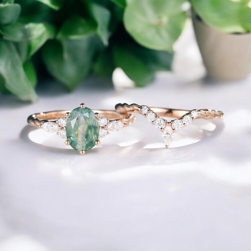 Ovalschliff Moosachat Verlobungsring Set Einzigartig Gedreht Ring Set Braut Geschenk.