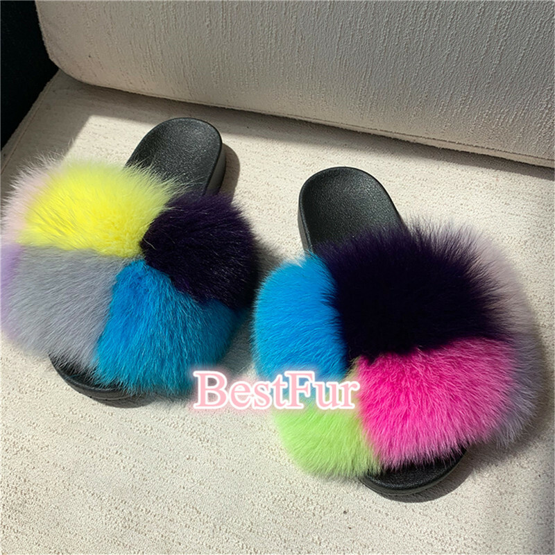 SAOLA Pantofole estive da spiaggia max large XXL vera pelliccia di volpe slides