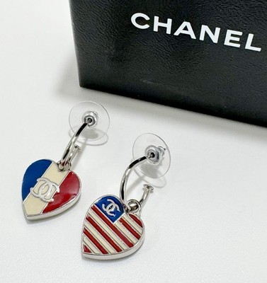 Chanel Earrings Heart French American Flags Silver Reversible 03A Vintage 2003